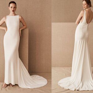 Watters Hyde Bateau-Neck Low-Back Trumpet Wedding Gown